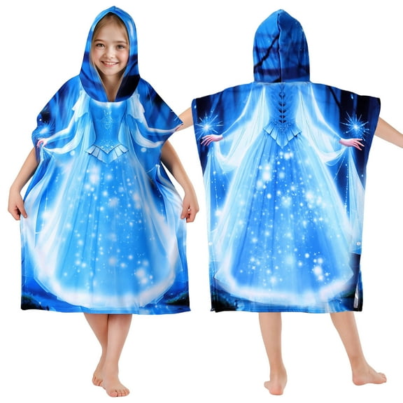 Kids Hooded Beach Towels Wrap for 4-12 Years,Cute Princess Theme Girls Swim Cover Up for Bathroom，27"x33" Quick Dry Blue Bath Towel Poncho,Perfect for Travel Vacation,Pool Party,Swimming
