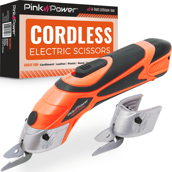 Pink Power Orange Cordless Electric Scissors – Rechargeable 4v 1500mAh Battery, Ergonomic Lightweight Design, Dual Blade for Fabric, Cardboard, Plastic, Crafts, Box, Sewing, Carpet, Scrapbooking