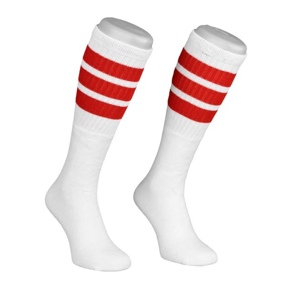 Old School White With 3 Red Striped Knee High Tube Socks 3Pak