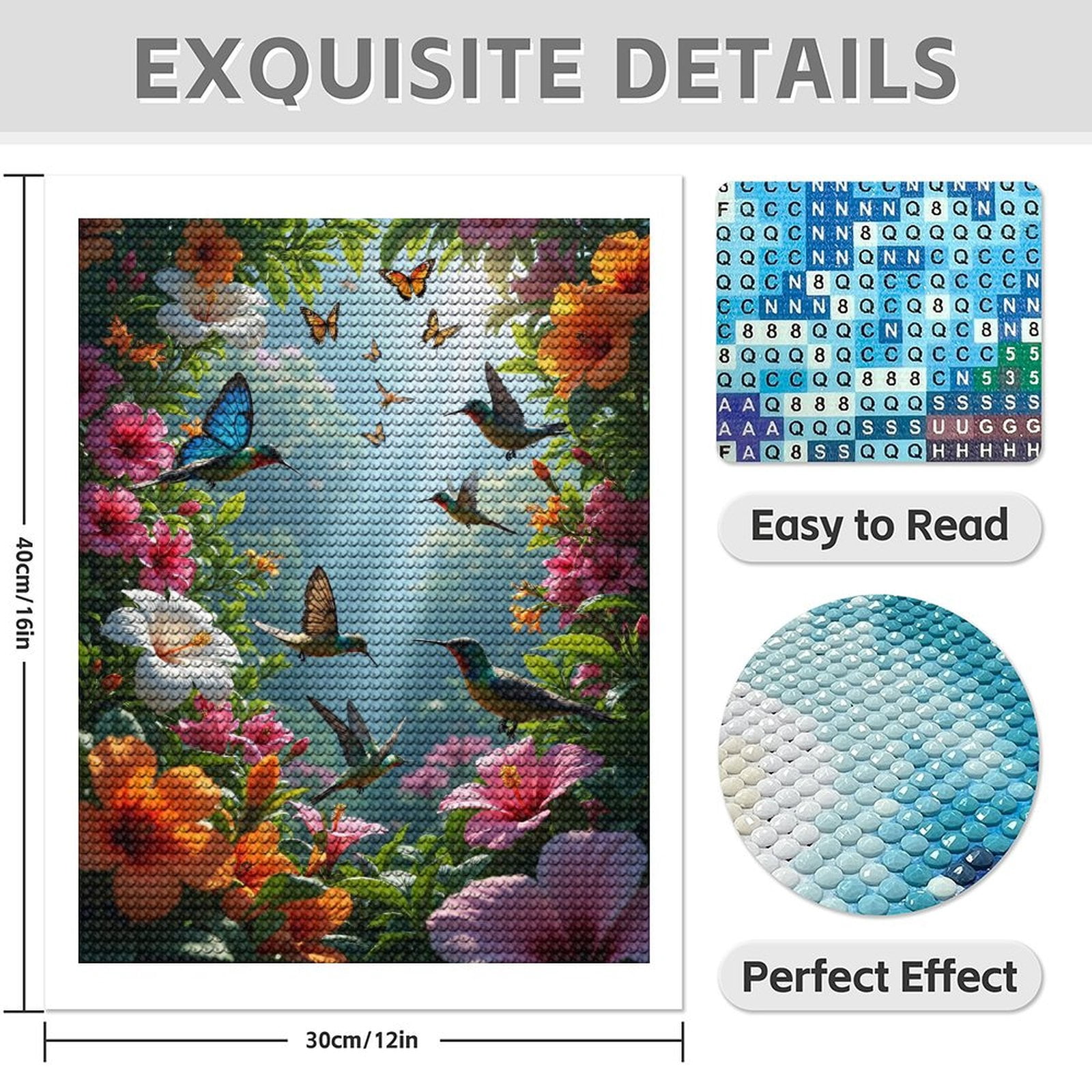 Diamond Art Kit for Adults, Butterflies Hummingbirds Colorful Blooms Diamond Painting for Adults Beginners, DIY Diamond Art Painting Kits, 5D Diamond Painting Crafts for Home Decor 12x16 Frameless