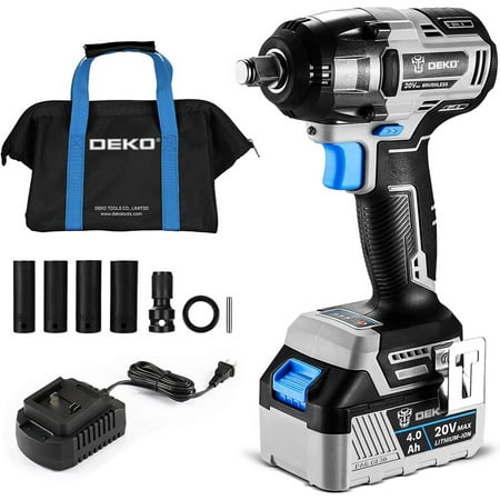 

Cordless impact wrench 20V power impact gun 1/2 impact wrench chuck 3200Rpm variable speed tool 295lbs (400N.M) max torque 1X4.0A lithium battery 1 hour quick charger and tool bag