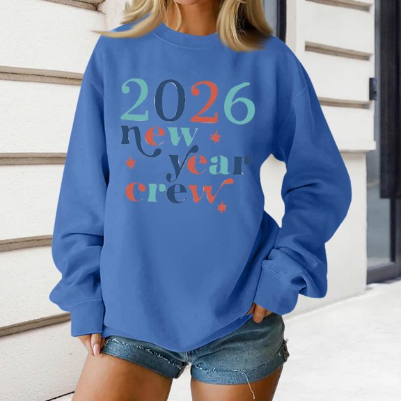 Women's Fashion Top New Year 2026 Printed Pullover Sweatshirt Holiday Design for Women Casual Celebration Streetwear Top,Blue,2XL