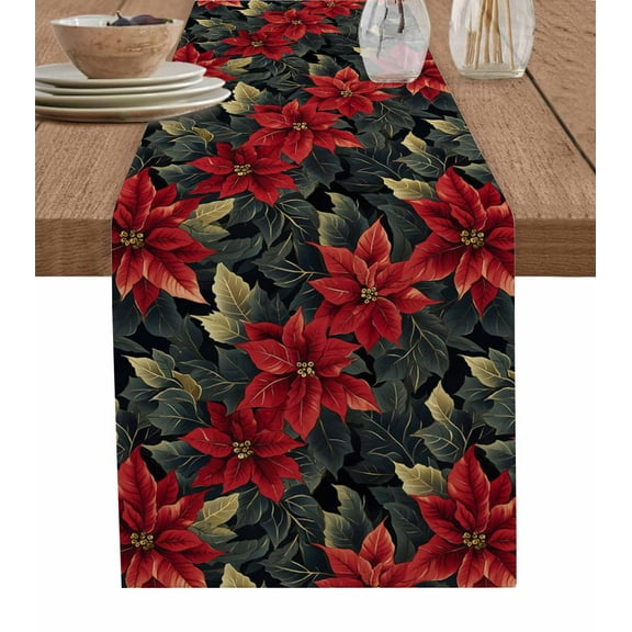 Ldtrchee Christmas Table Runner 60 Inches, Poinsettia Red Botanical Floral Bed Runner Dresser Scarves Tabletop for Indoor Outdoor Parties/Ceremony/Banquet, 13" x 60"