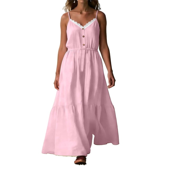 Long Skirt for Women Adjustable Camisole Button Lace Polyester Solid Color Summer