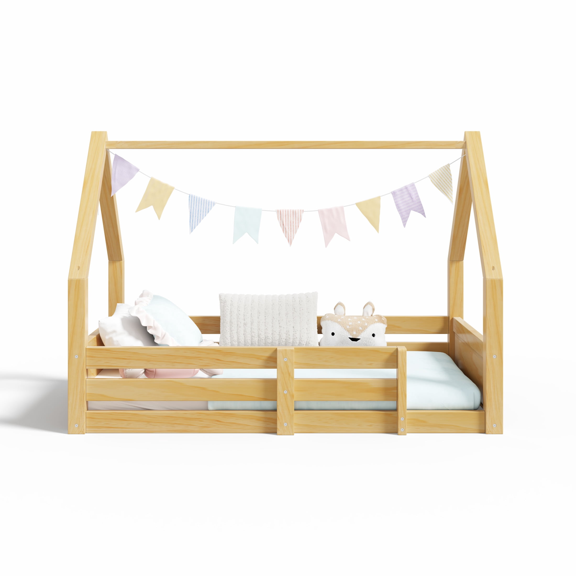 Noble House Salma Twin Size House Floor Wooden Bed with Roof Frame & Grooved Panels, Safety Guardrails, Natural