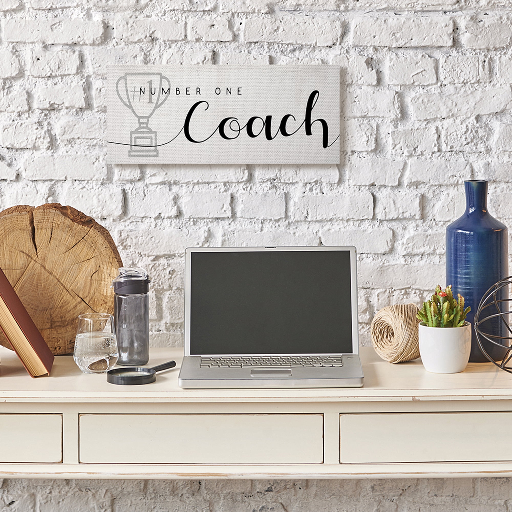 Stupell Industries Number One Coach Phrase Grey Trophy Detail Inspirational Painting Gallery Wrapped Canvas Art Print Wall Art, 10 x 24