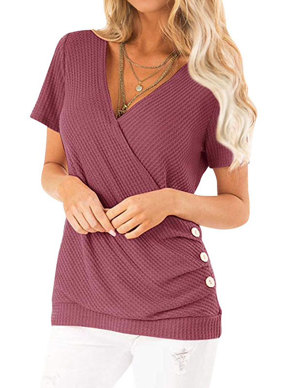 STARVNC Women Short Sleeve Crossed Surplice Button Tops