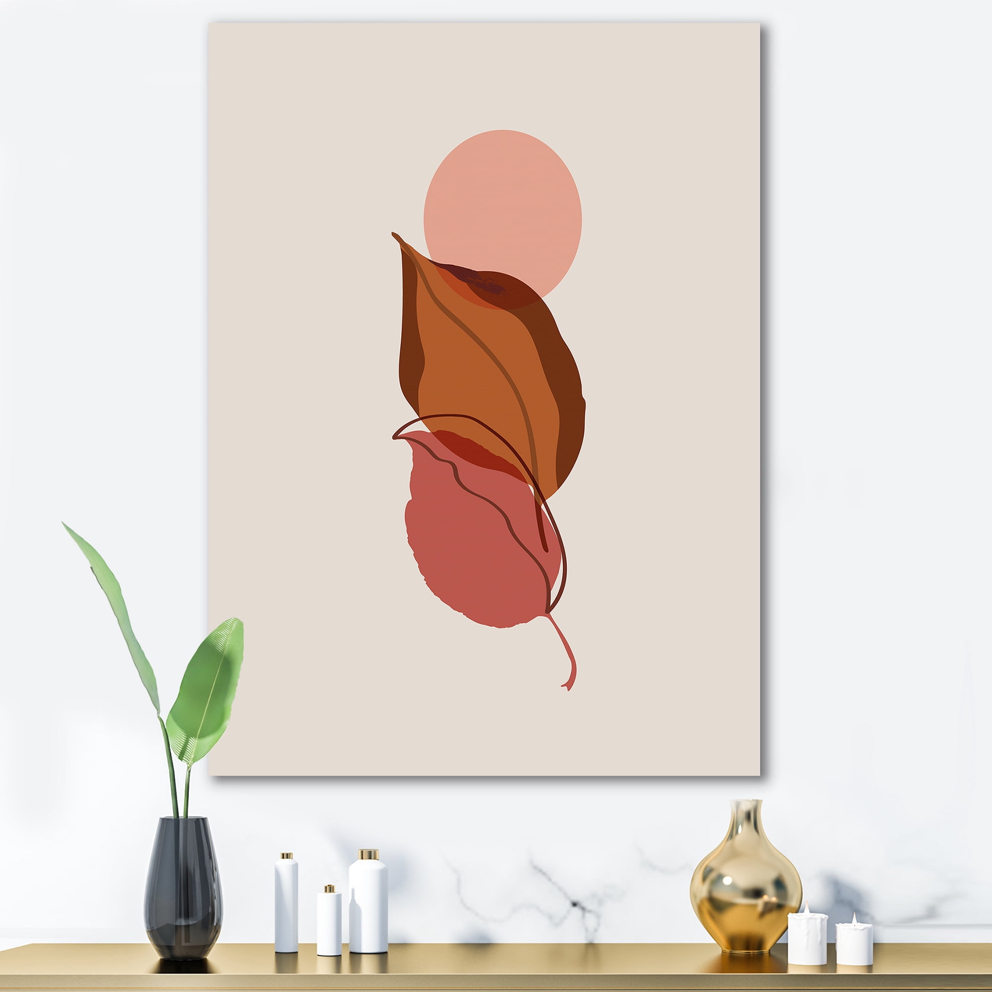 Designart ' A Red Full Moon Over Two Autumn Leaves ' Modern Canvas Wall Art Print