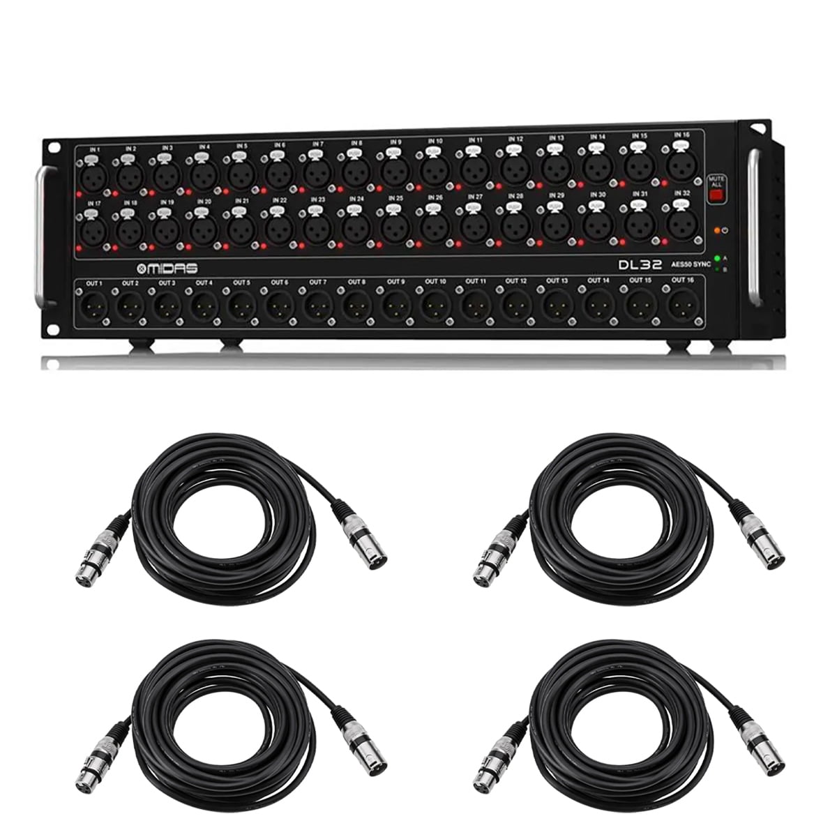 Midas DL32 32-Input/16-Output Stage Box with 32 Midas Mic Preamplifiers, Bundle with 4x 25' XLR Microphone Cable