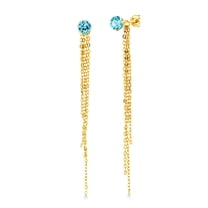 Gem Stone King 1.30 Ct Round 5mm Swiss Blue Topaz 18K Yellow Gold Plated Silver Stud Extra Long Statement Enhancer Earrings 3.5 inch