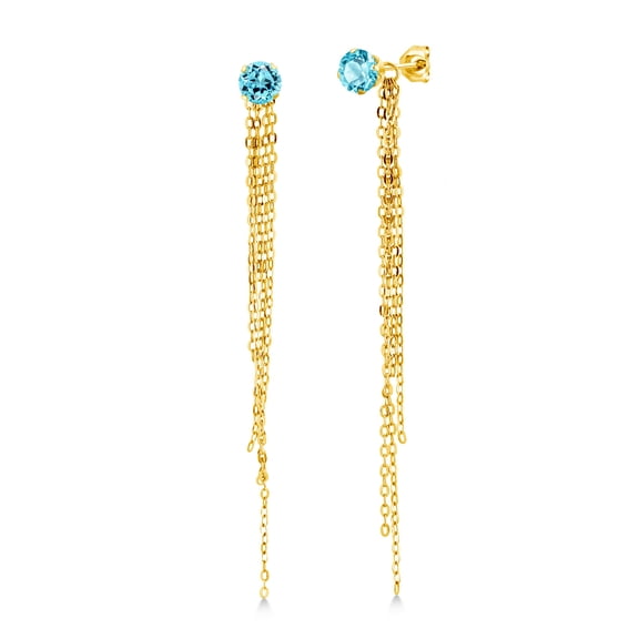 Gem Stone King 1.30 Ct Round 5mm Swiss Blue Topaz 18K Yellow Gold Plated Silver Stud Extra Long Statement Enhancer Earrings 3.5 inch