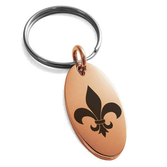 Stainless Steel Fleur De Lis Engraved Small Oval Charm Keychain Keyring