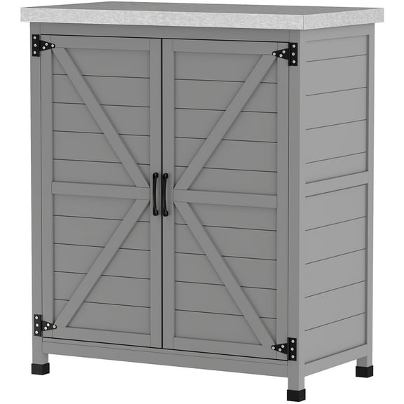 Wooden Storage Cabinet, Outdoor Prep Table with Metal Tabletop, Shelves and Double Doors for Patio, Garden, Gray