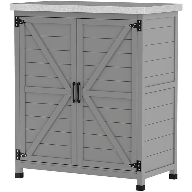 CoSoTower Garden Storage Cabinet, Outdoor Potting Bench Table with Metal Tabletop, Shelf and Double Doors, Grey