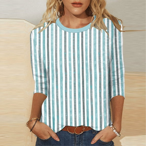 Horkkom 3/4 Length Sleeve Womens Tops Plus Size Spring Summer Crew Neck T Shirts Striped Print Trendy Casual Tops M