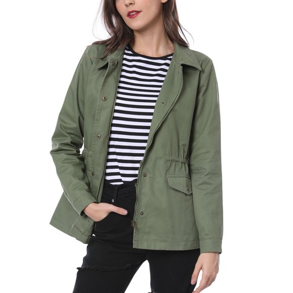 INSPIRE CHIC Women's Drawstring Waist Flap Pocket Zip Button Utility Jacket Green XL
