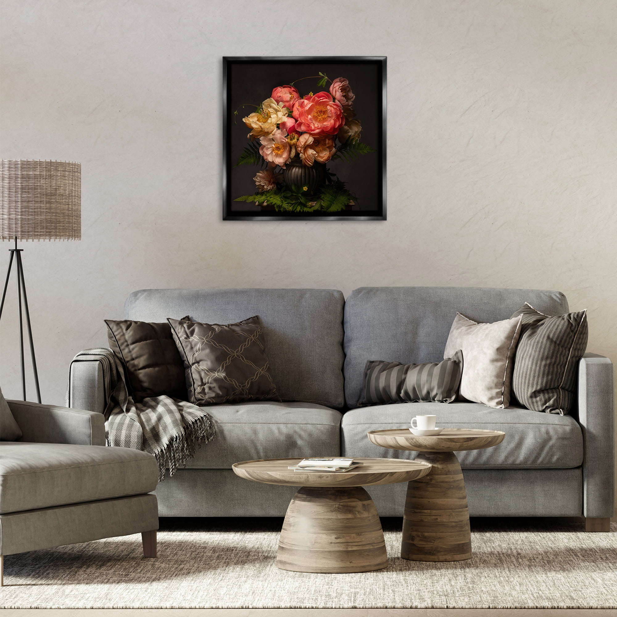 Stupell Industries Peonies & Ferns Bouquet Plants & Flowers Photography Black Floater Framed Canvas Art Print Wall Art, 25 x 25