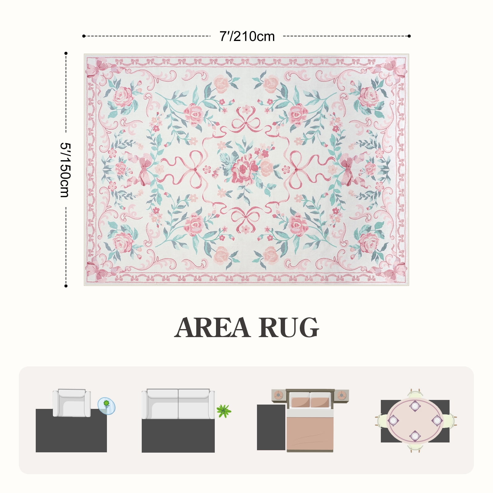 Lahome Washable 5'x7' Floral Bow Area Rug, Pink Rugs for Living Room, Soft Ultra-Thin Non-Slip Carpet for Girls Bedroom Nursery Dorm Kids Room Playroom, Pink
