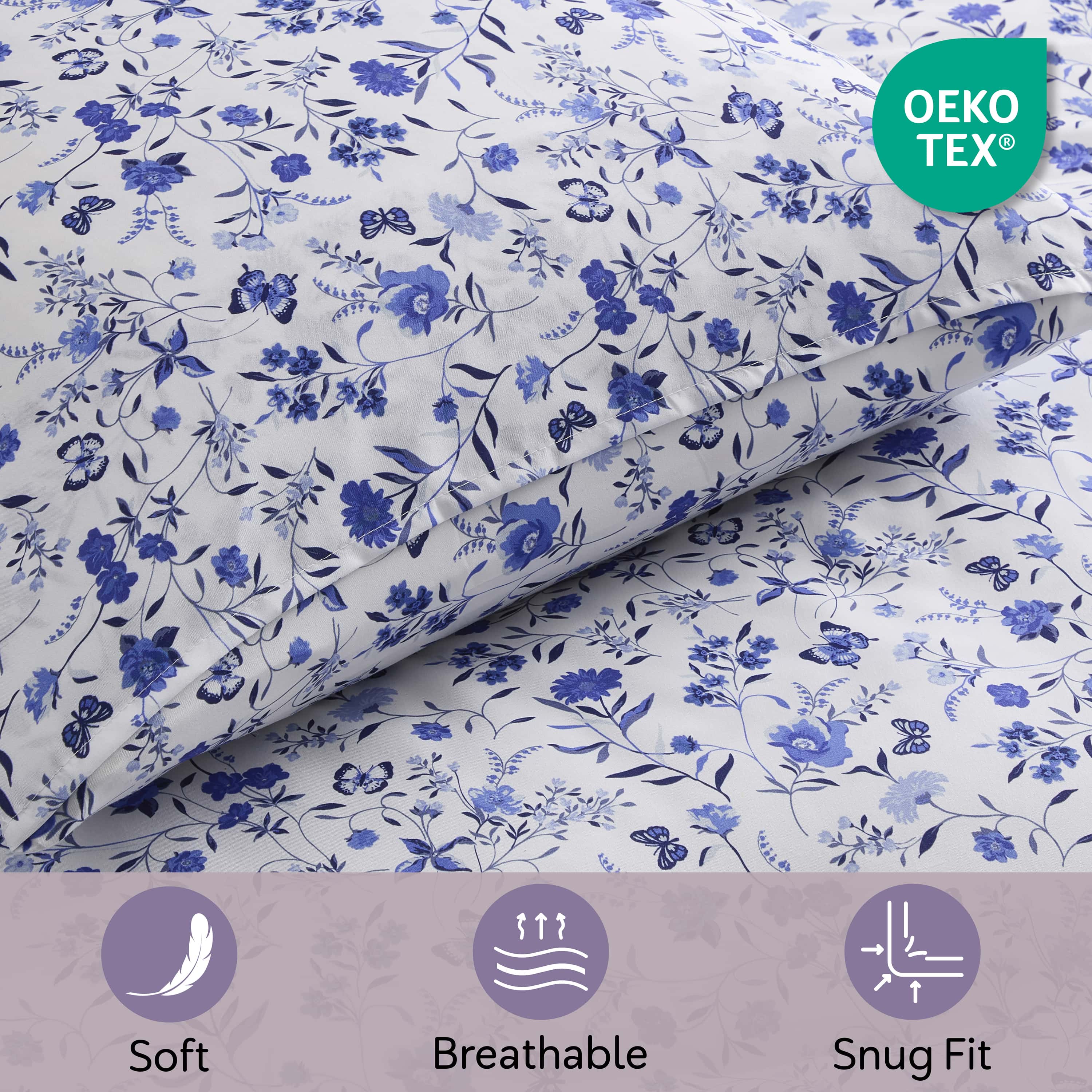 LammaLoe Full Size Comforter Sets, 3 Piece Floral Bedding Comforter Set with Sheets, Bed in a Bag, Blue