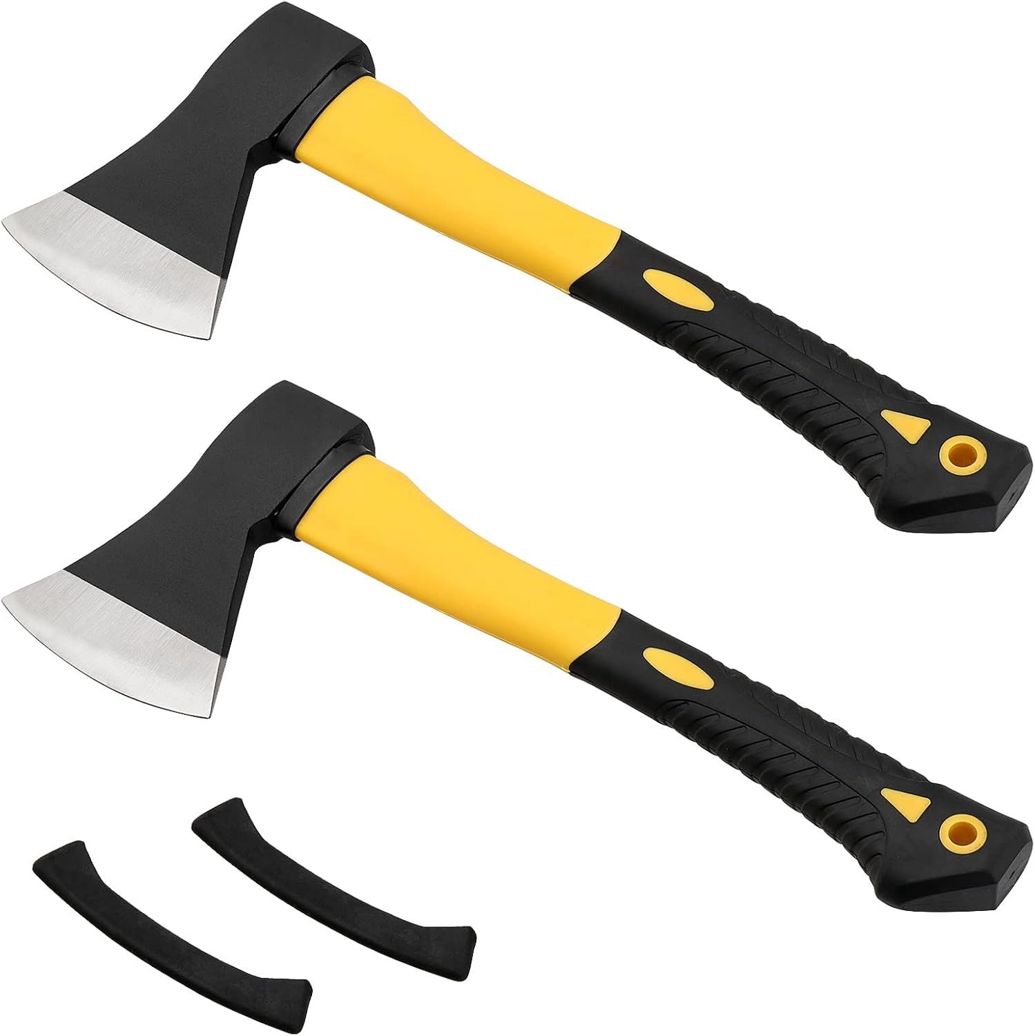2 Pack 15 Inch Camping Chopping Axe Forged Carbon Steel Hatchet with Fiberglass Shock Reduction Handle Non Slip Grip Rubber Protective Cover for Wood Splitting Kindling Outdoor Use