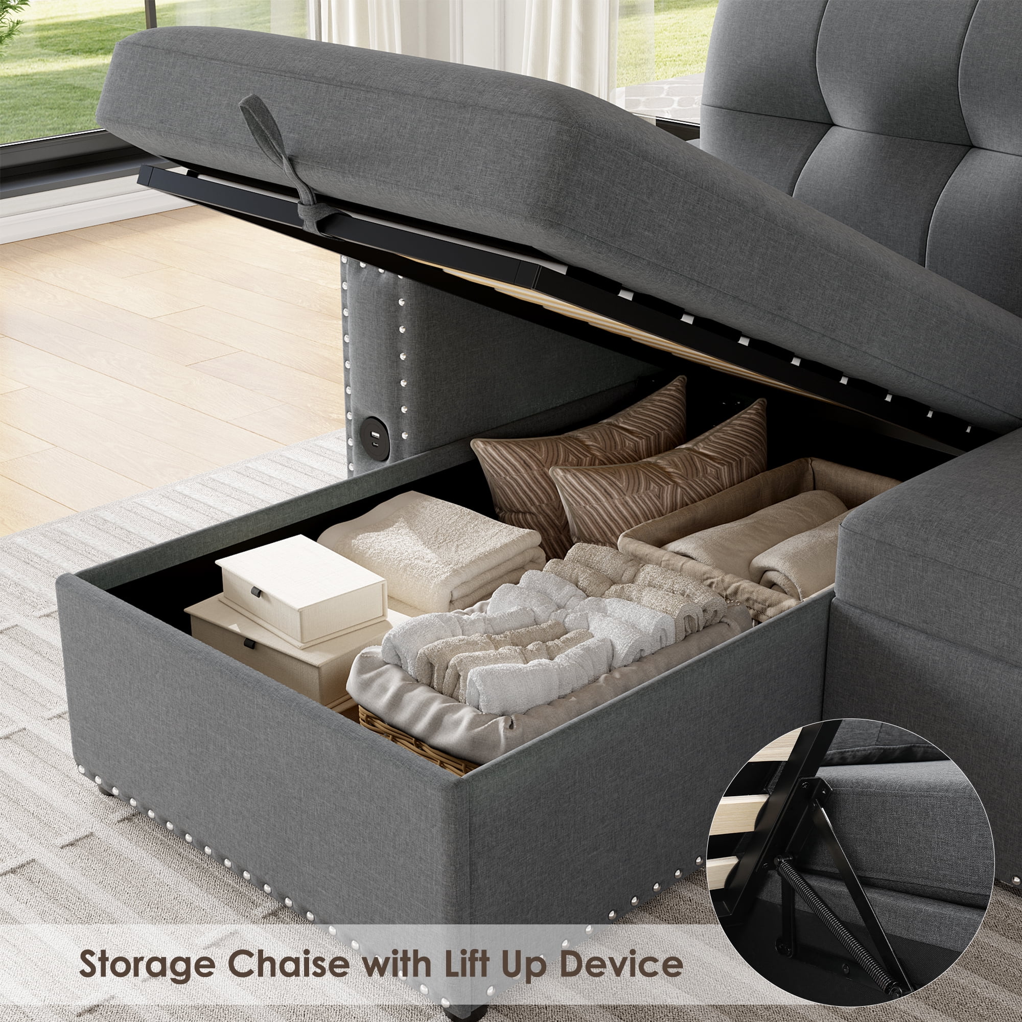 Homfa Gray Sofa Bed with Storage & USB Charging Port, L Shaped Sofa Bed Couches with Storage & Pull out Bed for Living Room