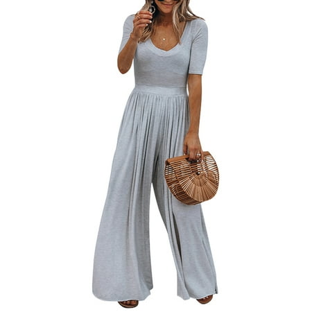 Dressy Short Jumpsuit Wide Leg Jumpsuit for Women Casual Clubwear Loose Pants Outfits V Neck Short Sleeve Playsuit Summer Beach Holiday Romper ()