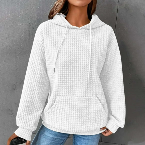 Women Solid Color Hoodie Casual Drawstring Pullover Sweatshirts Integral Sweatshirt with Pockets Fall Hooded, White