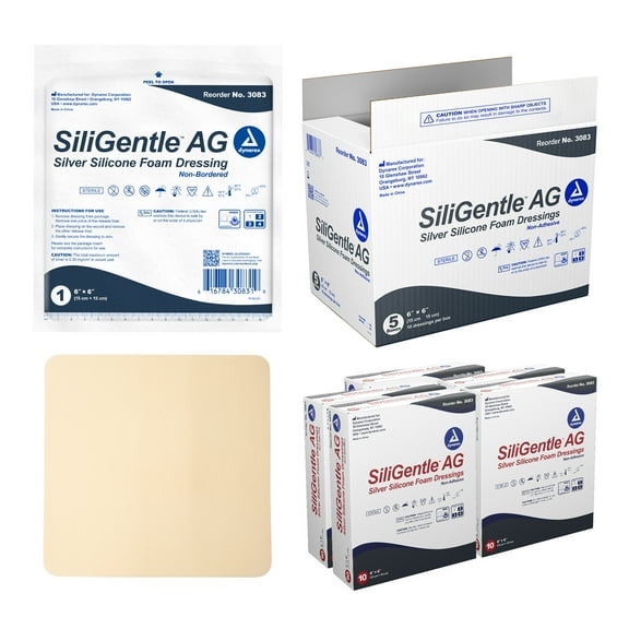 Dynarex SiliGentle AG Silver Silicone Foam Dressings, Wound Care, Soft & Absorbent, White, 6” x 6” Non-Adhesive Foam Pad Dressing with Silicone Layer, 1 Case of 50
