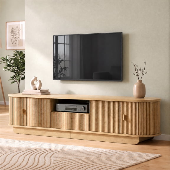 NIUEJOI Fluted TV Stand for TVs up to 95", 86.6" Modern Media Console with Sliding Doors & Open Shelf for Living Room, Natural