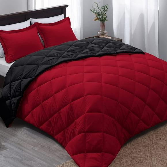 Basic Beyond Queen Comforter Set - Red And Black Comforter Set Queen Size, Reversible Bed Comforter Queen Set For All Seasons, 1 Comforter (88X92) And 2 Pillow Shams (20X26+2)