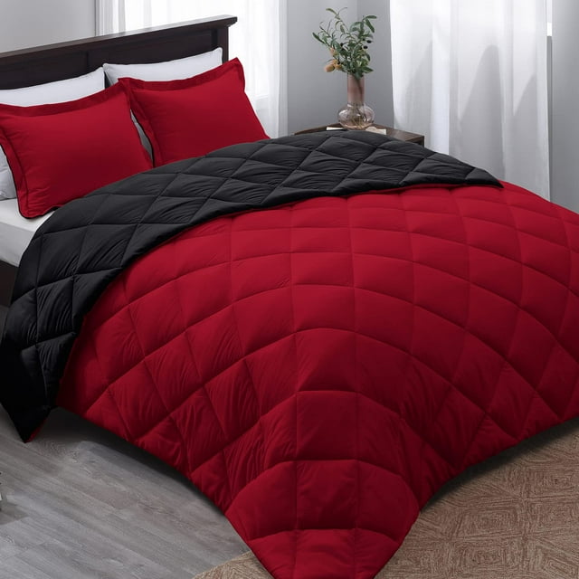 Basic Beyond Ensemble de Douillette Grand Lit - Ensemble de Douillette Rouge et Noir Format Grand Lit, Douillette Réversible pour Toutes les Saisons, 1 Douillette (88X92) et 2 Couvre-Oreillers (20X26+2)