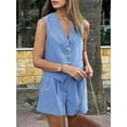thumbnail image 5 of Women'S Summer 2 Piece Outfits Sleeveless Sets Button Down V Neck Vest Waistcoat and Pockets Shorts Light Blue L, 5 of 9