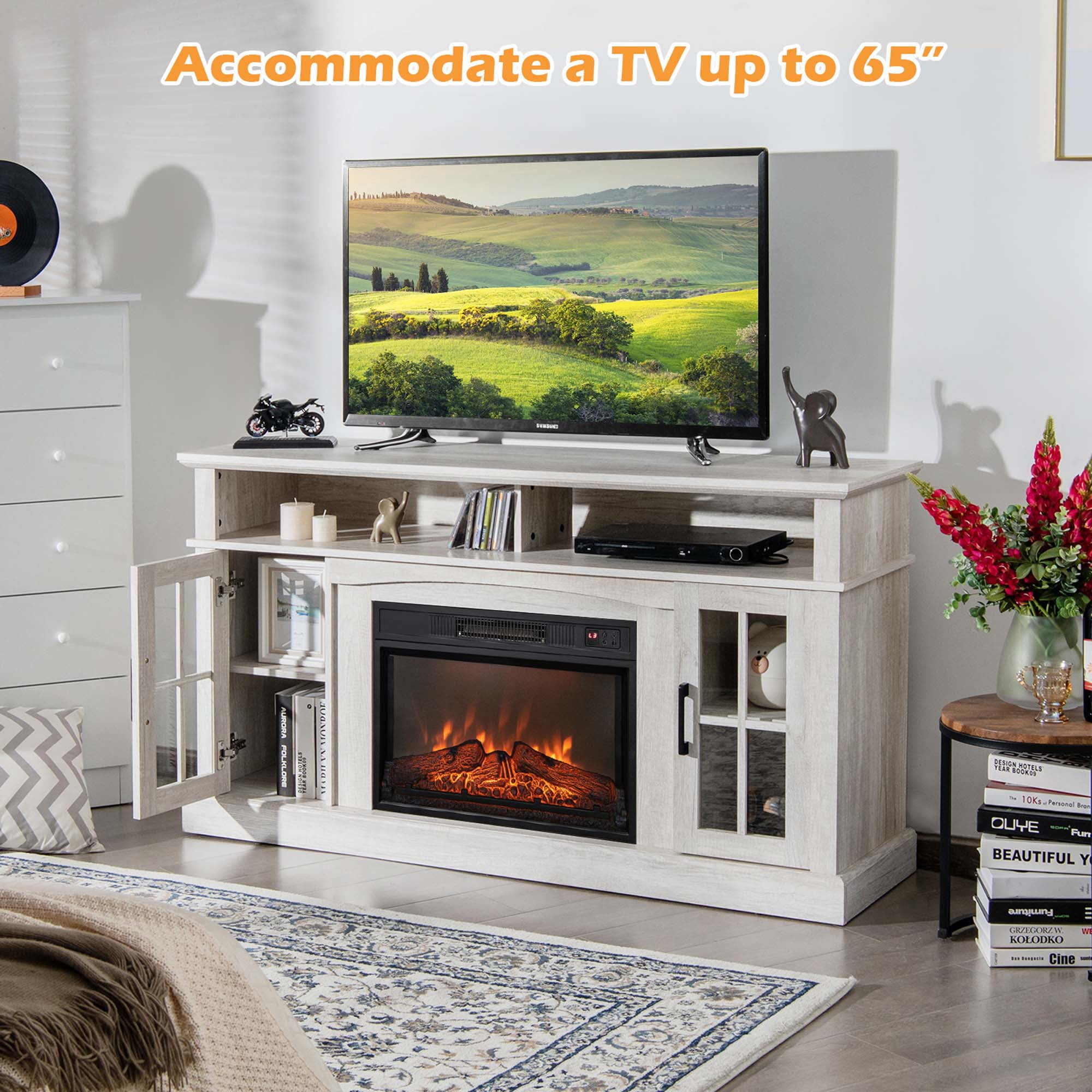 Costway 58" Fireplace TV Stand W/ 1400W Electric Fireplace for TVs up to 65 Inches Grey