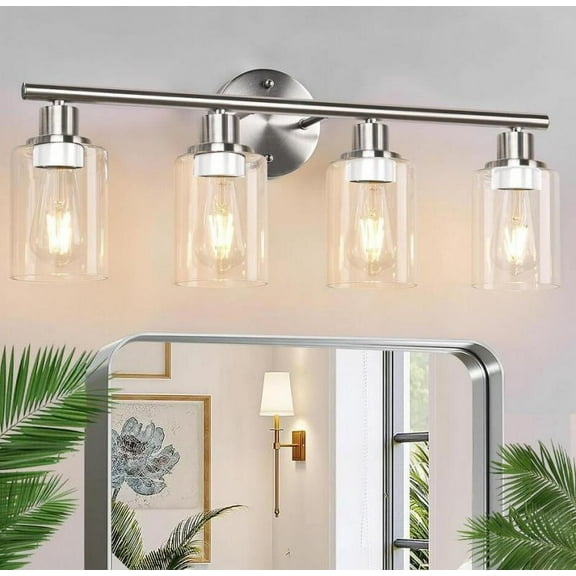 FINE MAKER Vanity Light Fixtures, 4 Lights Indoor Modern Sand Nickel Bathroom Mirror Wall Lights with Clear Glass Shade Metal Wall Mount Light