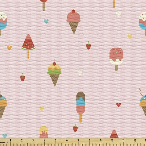 Ambesonne Ice Cream Fabric by the Yard Upholstery, Pastel Pattern, 2 Yards, Multicolor
