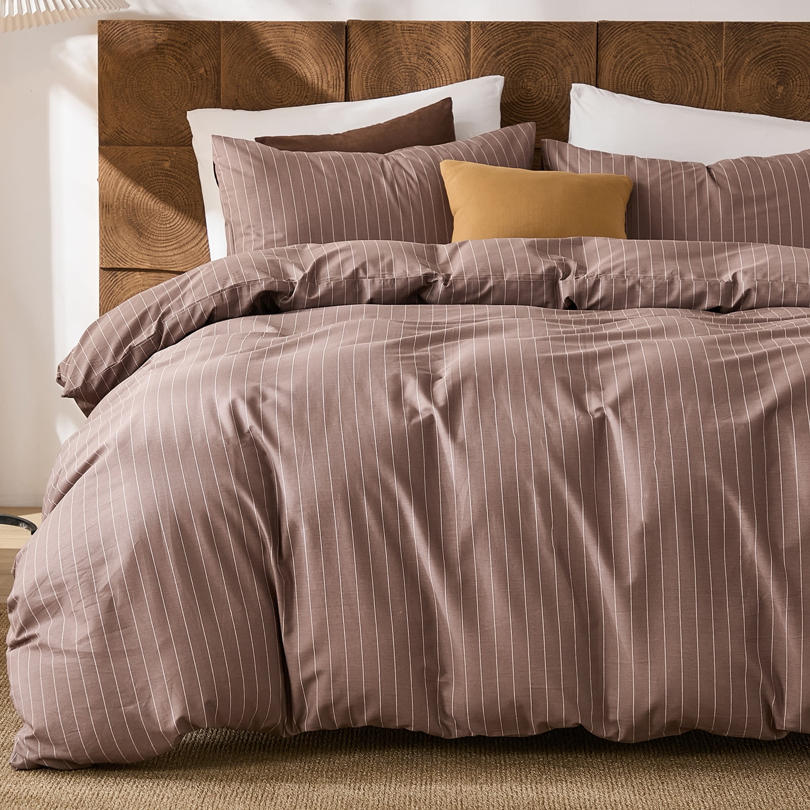 Brown Striped Duvet Cover Set Queen Size, 100% Natural Cotton Linen Like Duvet Cover Set with Zipper Closure & 8 Corner Ties, Brown Khaki Soft Reversible Bedding for All Seasons