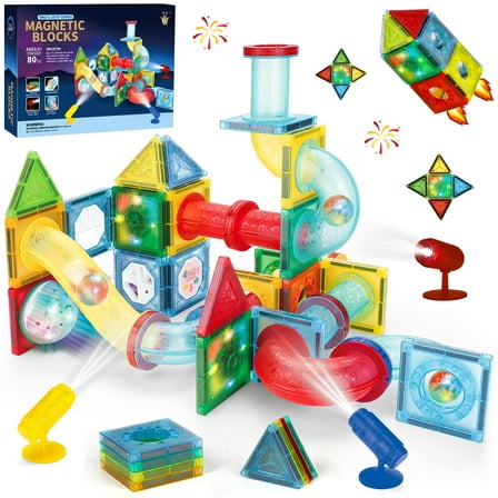 Beefunni Magnetic Tiles 80PCS, Building Blocks for Kids, Marble Run Toy, Educational STEM Toys, Gift for Kids Age 6 7 8 9 10  Years Old