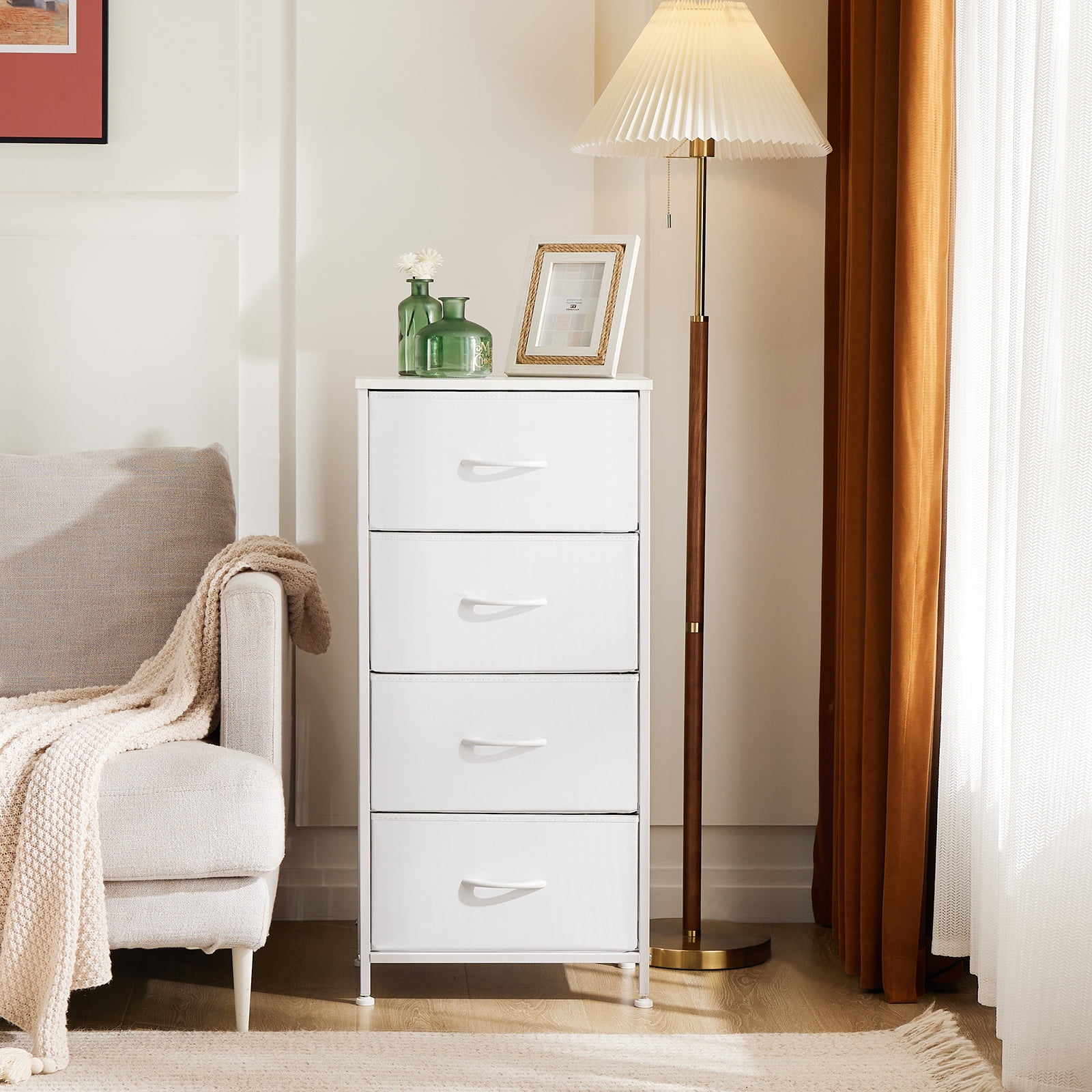 EDX 4 Drawer Fabric Dressers Cabinet, Ideal for Living Room & Bedroom Storage, White-1