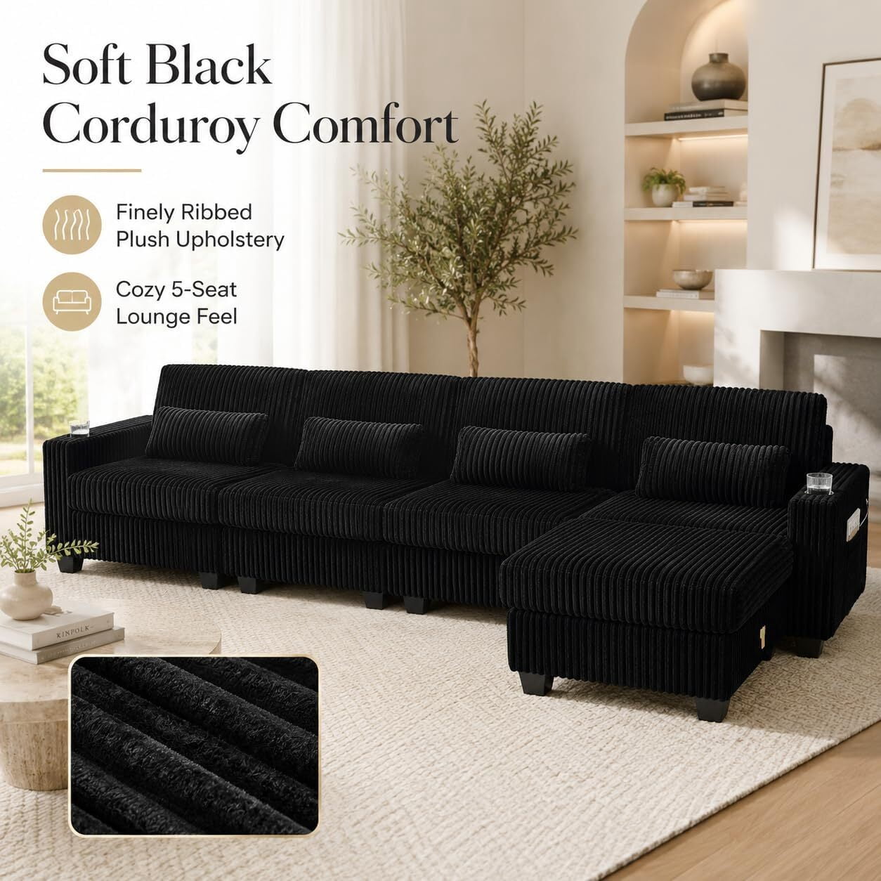 Howcool 125" 5 Seat Modular Sectional Sofa, L Shaped Deep Seat Cloud Couch with Movable Ottoman, Corduroy Sofa with Cup Holders & Lumbar Pillows for Living Room, Black