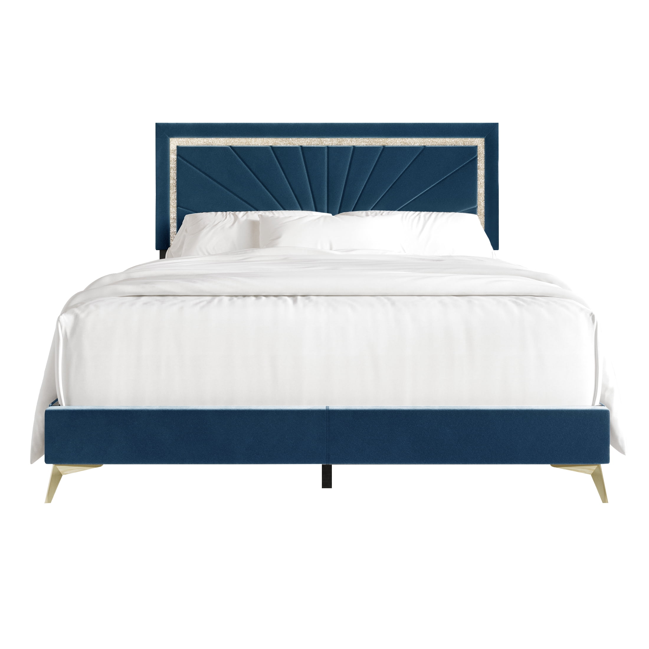 Castle Place Luxurious Diamond Strip Velvet Upholstered Bed Navy Blue, Twin