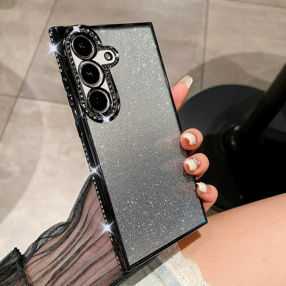 Clear Glitter Case for Samsung Galaxy S24, Luxury Bling Sparkly Diamond Rhinestone with Camera Protection Soft TPU Plating Bumper Slim Transparent Women Girls Wireless Charging Case,Black