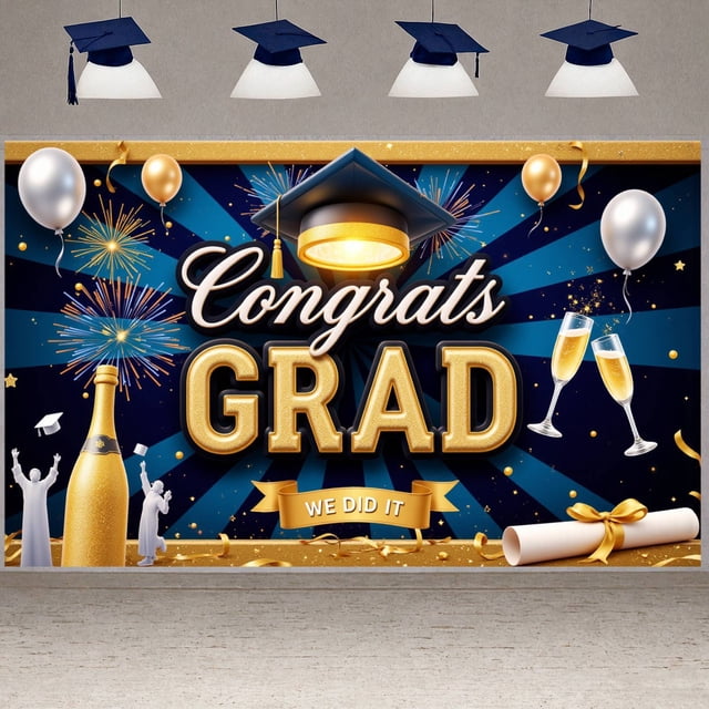 Gold Glitter Congrats Grad Banner Dark Blue Graduation Backdrop 3D Lettering Red Ribbon 2026 Grad Display for Graduation Parties High School Graduations College Graduations