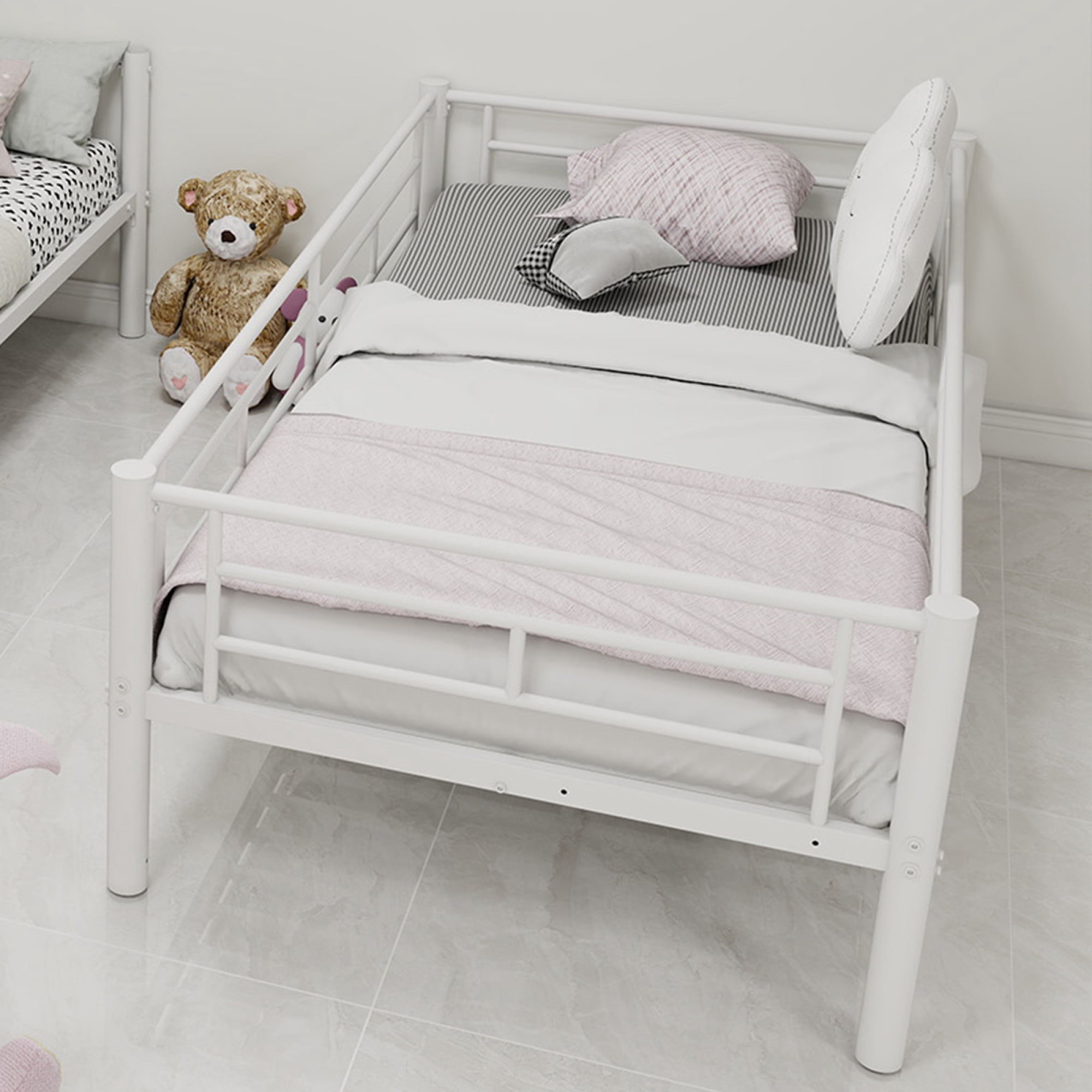 Twin Over Twin Bunk Bed for Kids Boys Girls, Metal Bunk Bed with Ladders & Guardrail,Convertible 2 Beds,White