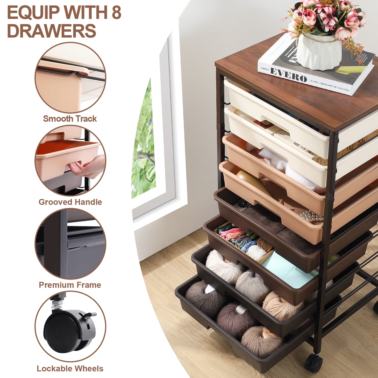 KK KINGRACK 8 Drawer Rolling Storage Cart with Wheels Office School Organizer Brown
