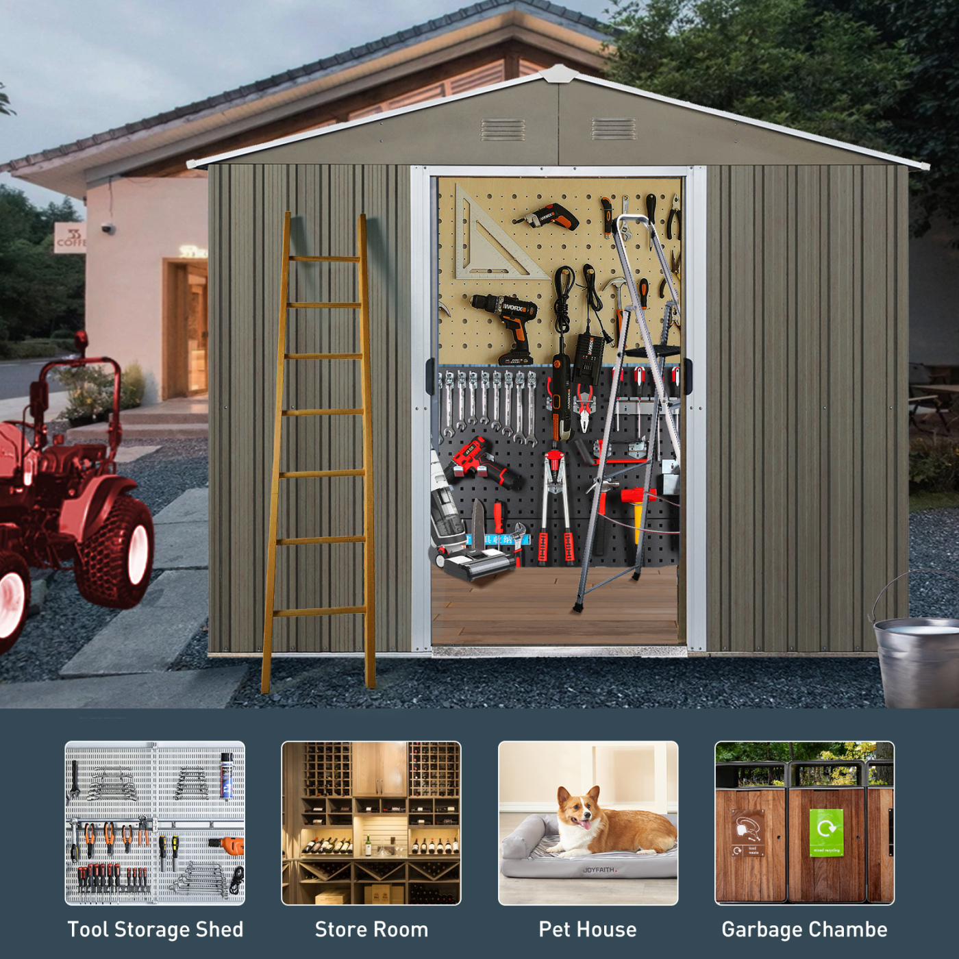 8ft x 6ft Outdoor Storage Sheds, Metal Waterproof Tool Sheds with Built-in Hook, Shelf and Ventiation & Latch & Window, Heavy-Duty Sheds Unit for Patio Storage,Garbage Can, Chicken Coop, Gray