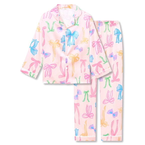 Beezizac Satin Pajamas for Girls - Cute Yellow Silky Long-sleeved Set with Colorful Bow Prints Size 10