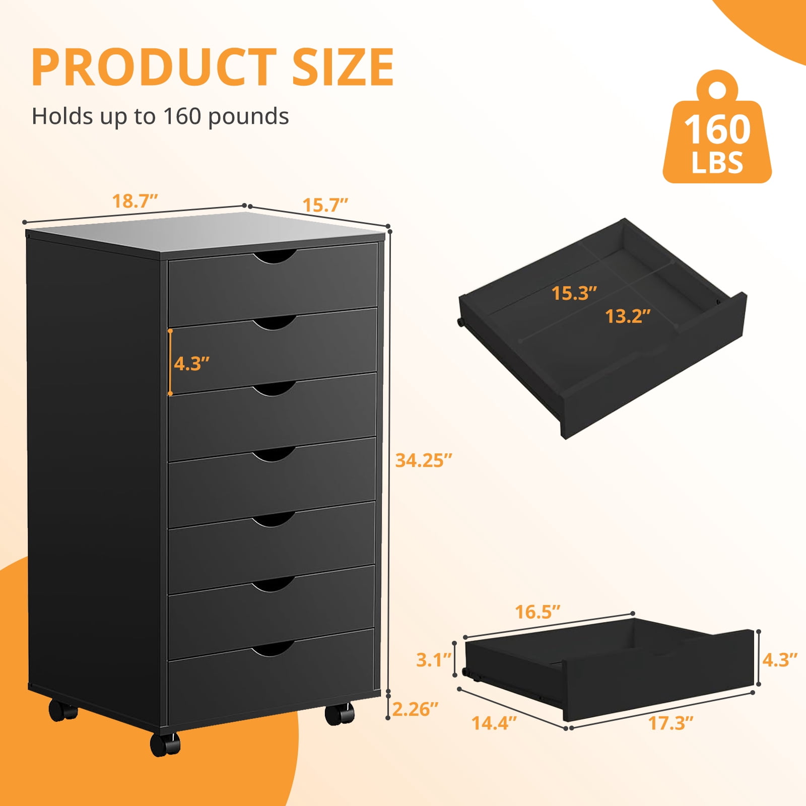 Sybels 7-Drawer Rolling Storage Cart, Mobile File Cabinet & Organizer Dresser with Wheels for Home Office, Wood Chest, Black