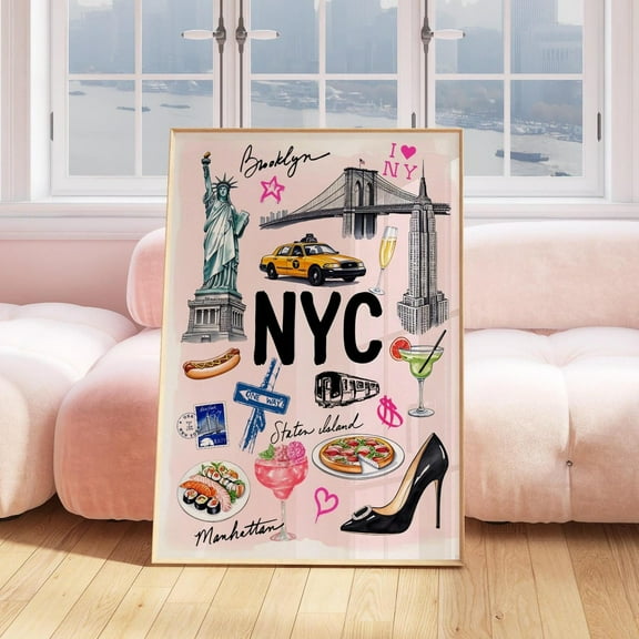 New York City Print Pink Ny Cityscape Travel Print Girly Dorm Room Decor Colourful Preppy Wall Art Trendy Bedroom Print Wall Art, Modern Wall Decor, 8x12 UNFRAMED