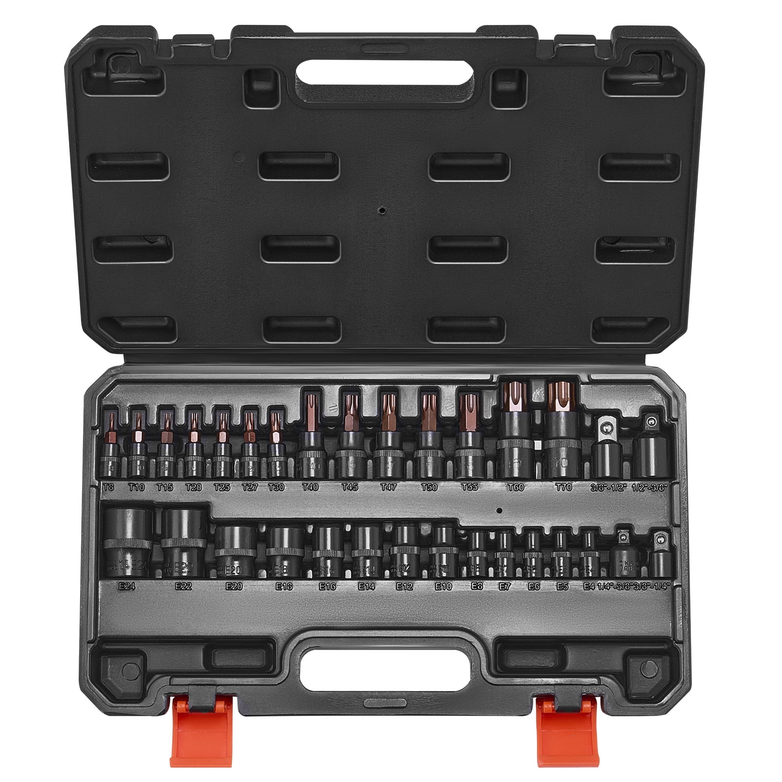 KFFKFF Socket Set with Torx Bit and External Torx, 31 Elements T8-T70 and E4-E24, S2 Alloy Steel and Cr-V Steel, Drives of 1/4 in, 3/8 in, and 1/2 in, Comes with Adapter and Upgraded Storage Case,