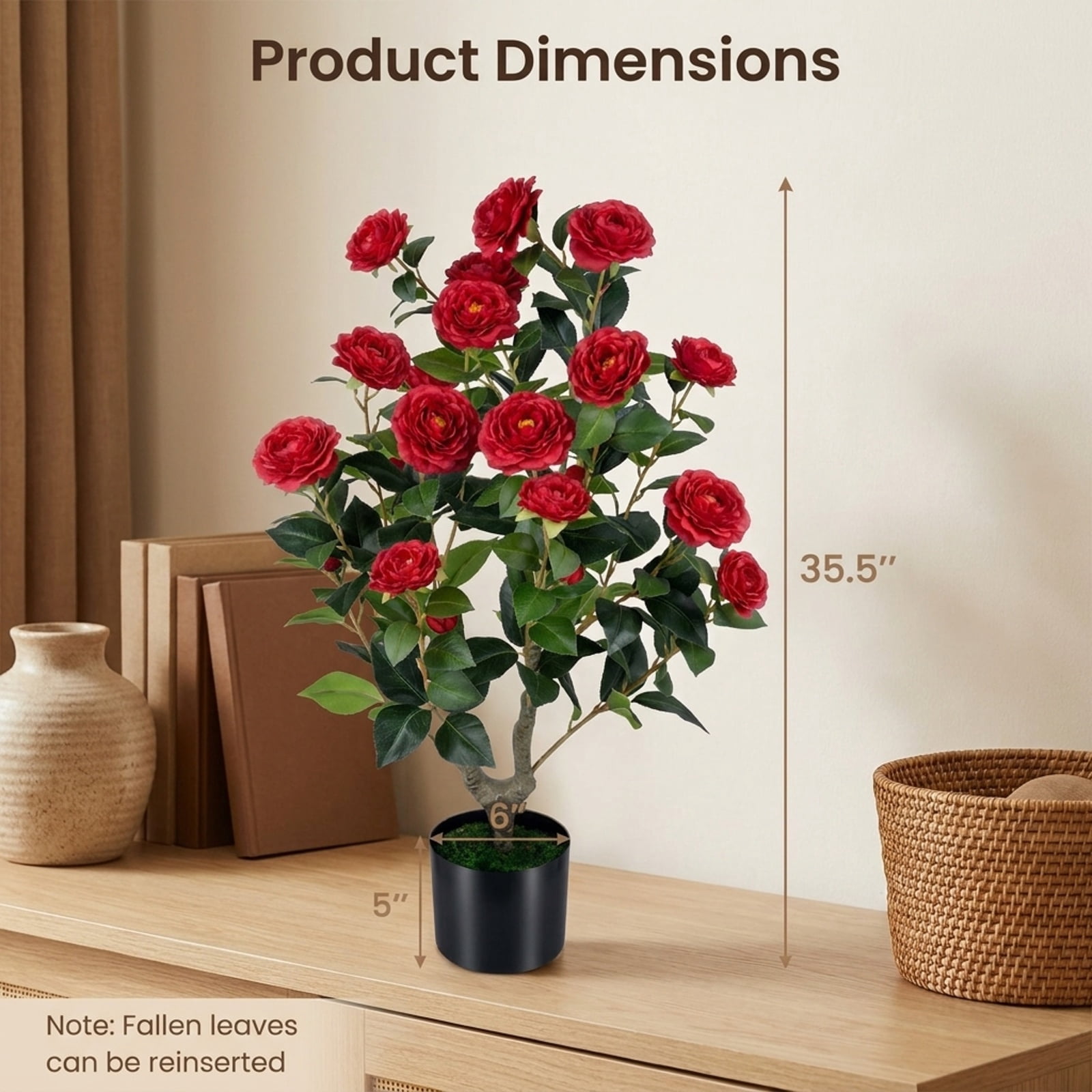 Vebreda Artificial Plant Decor, Artificial Camellia Tree Faux Flower Plant in Cement-Filled Pot, Lifelike & Elegant Design, Selected PE Materials